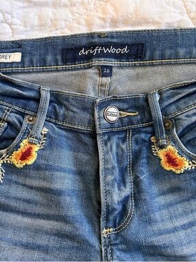 DRIFTWOOD Blue High-Rise Jeans with Yellow & Red Floral Embroidery